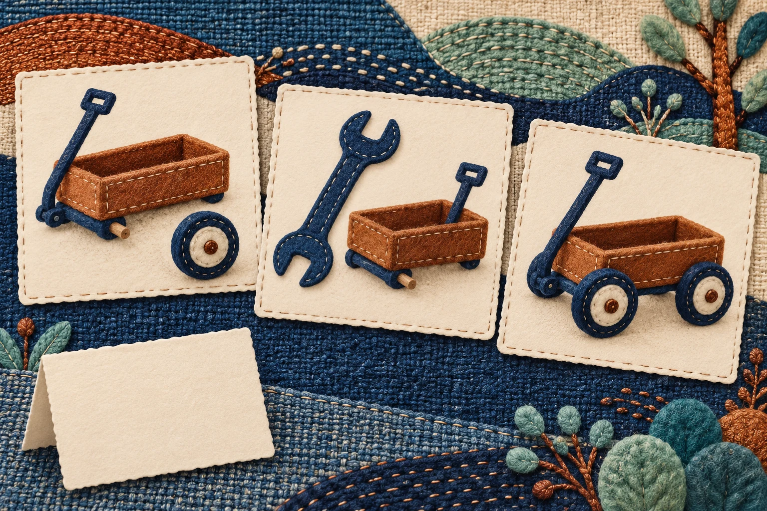 Three cream cards show a wagon with a loose wheel, a wagon beside a spanner, and a wagon with two attached wheels.