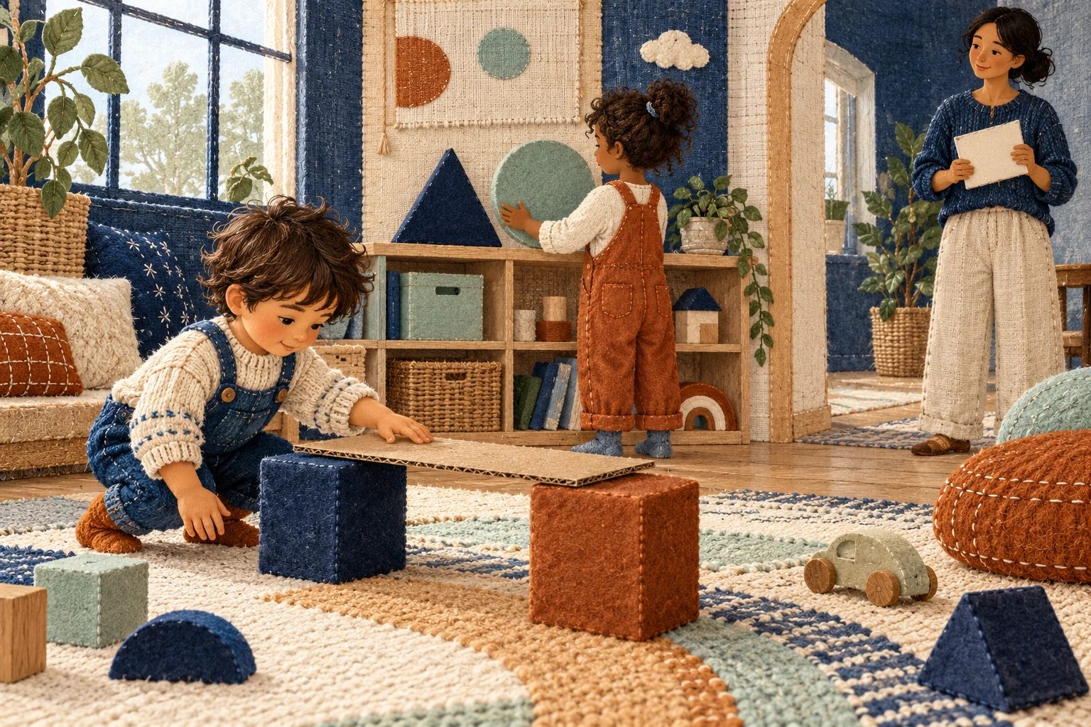 A child at the left tests a low cardboard bridge, a second child examines large shapes at the centre shelf, and an adult stands at the far right with a blank card.