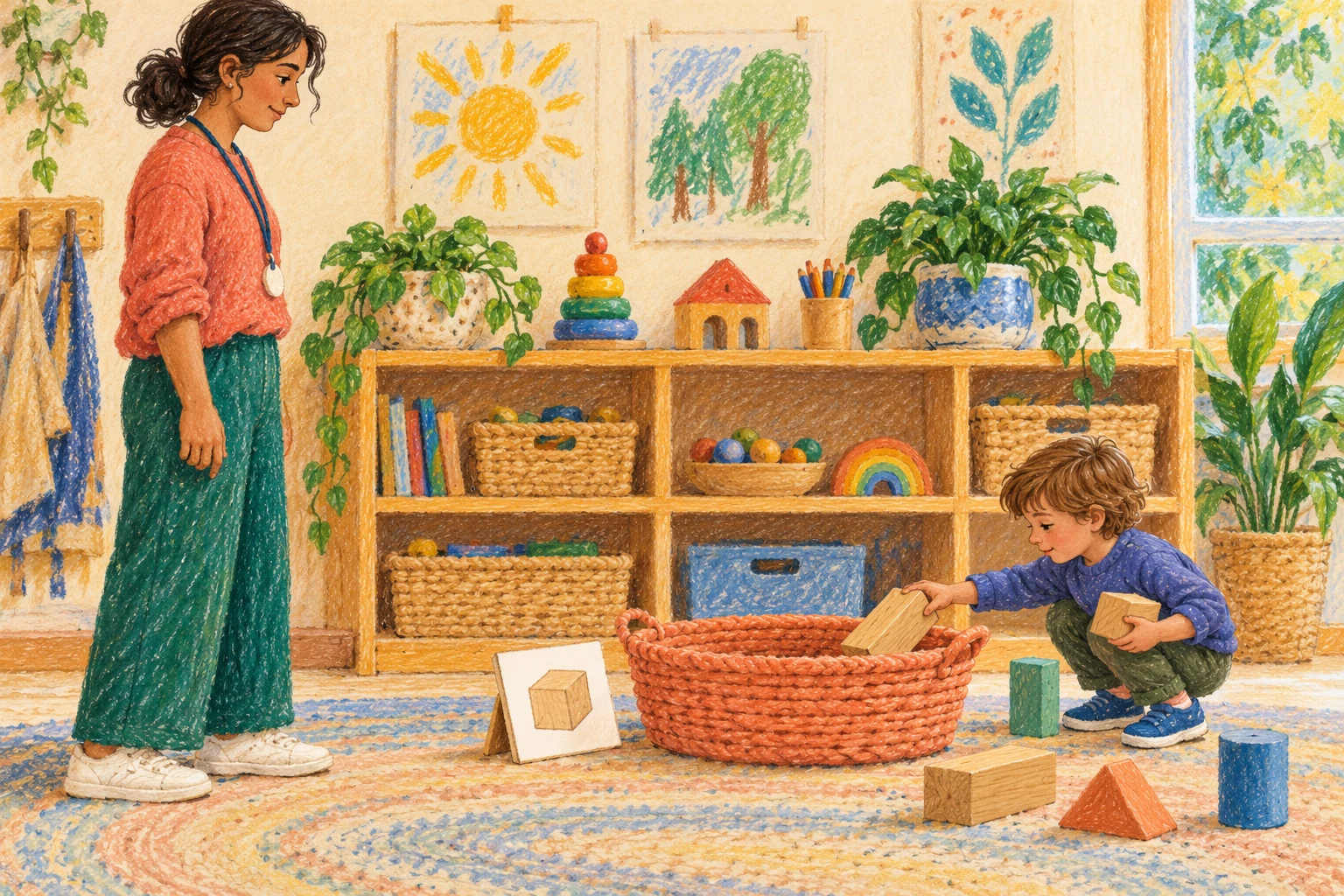 A teacher stands on the left while a child crouches on the right and puts wooden blocks into a coral basket.