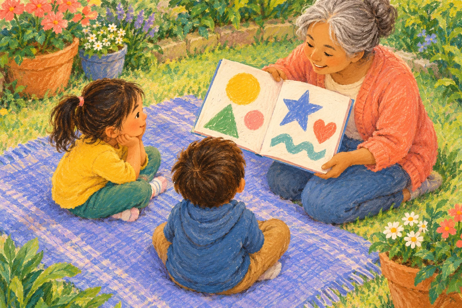 Two children and a grandparent sit together on a garden blanket, sharing a picture book with colourful shapes.