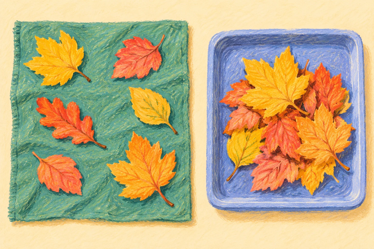 Separate yellow and coral leaves lie on a green surface beside a tray holding leaves together in a pile.