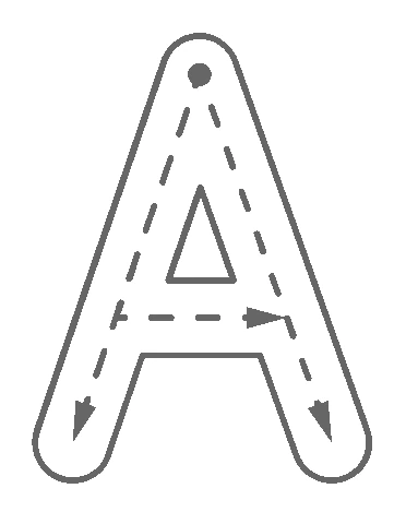 Large Letter A model with dashed strokes, a top starting dot and a sideways crossbar arrow