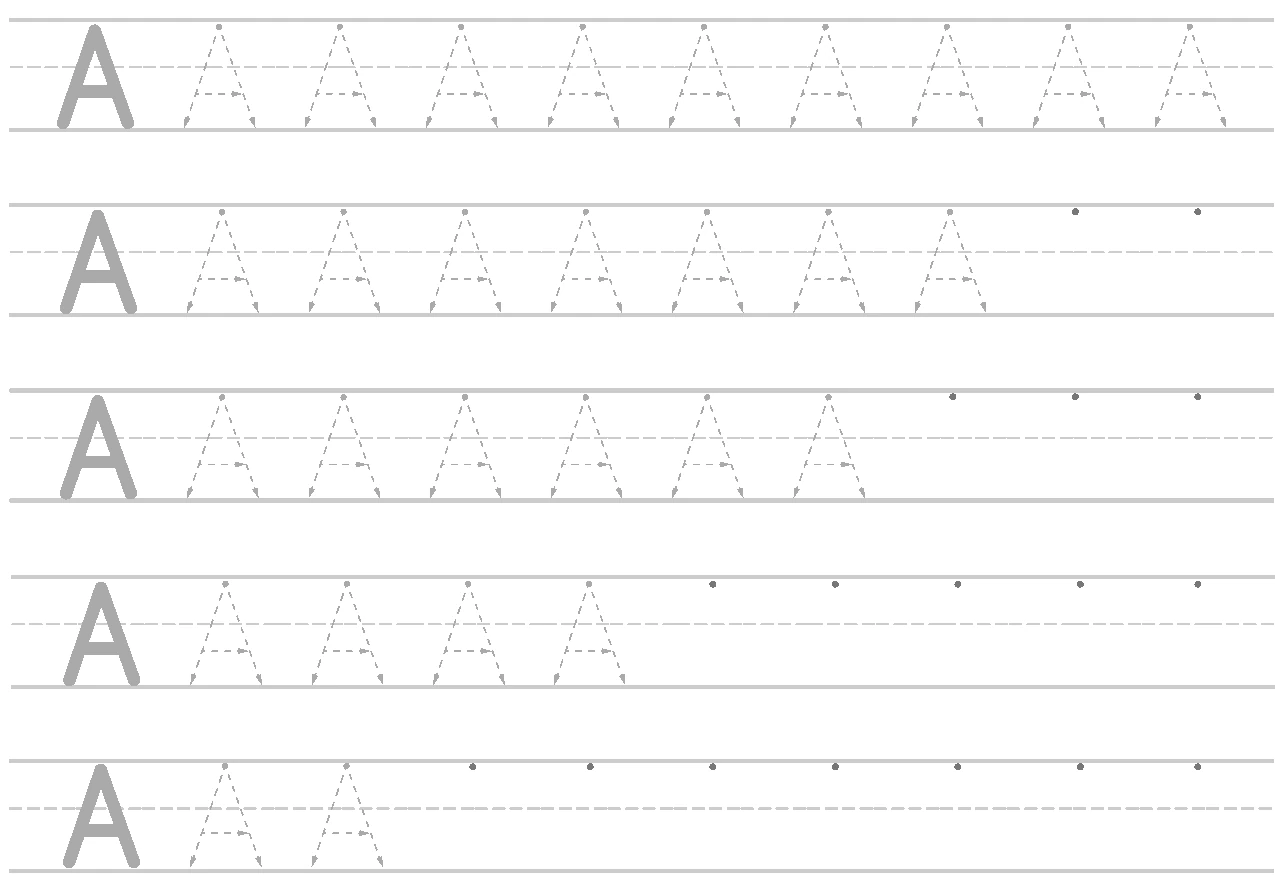 Five ruled practice bands with fewer dotted capital As and more starting dots toward the bottom