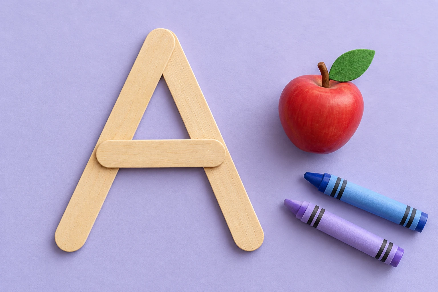 Wooden strips arranged as uppercase A next to a red apple and blue-violet crayons