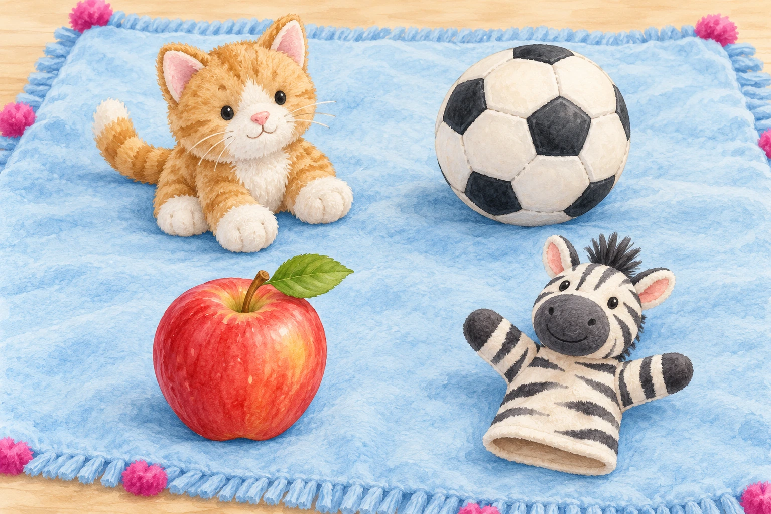 Watercolor pretend-play scene with a toy cat, soccer ball, red apple and zebra puppet on a blue mat