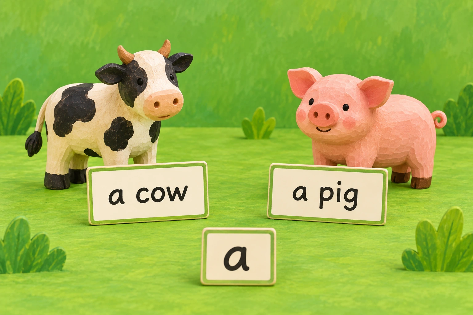 Wooden cow and pig labelled a cow and a pig with central a card