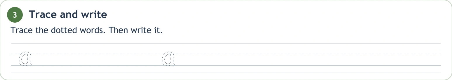 A pair of dotted lowercase a forms on writing guides
