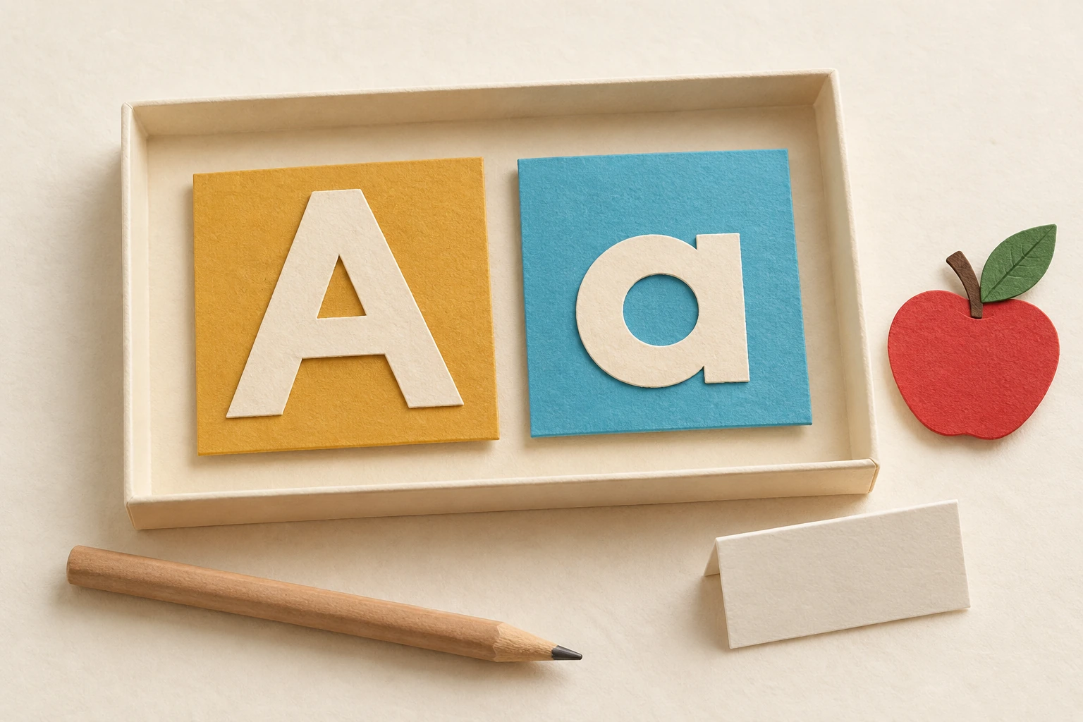 Capital A and single-storey lowercase a on separate ochre and cyan tiles in a tray beside a paper apple