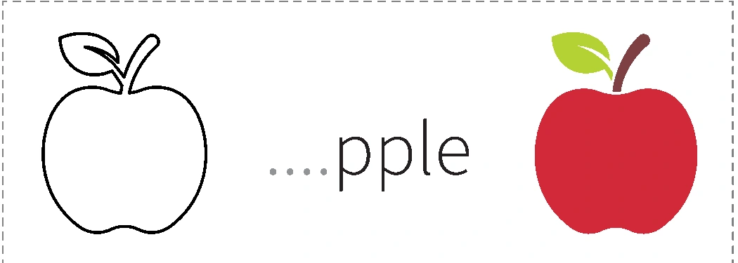 Apple outline, an empty letter position before pple, and a colored red apple on the Aa worksheet