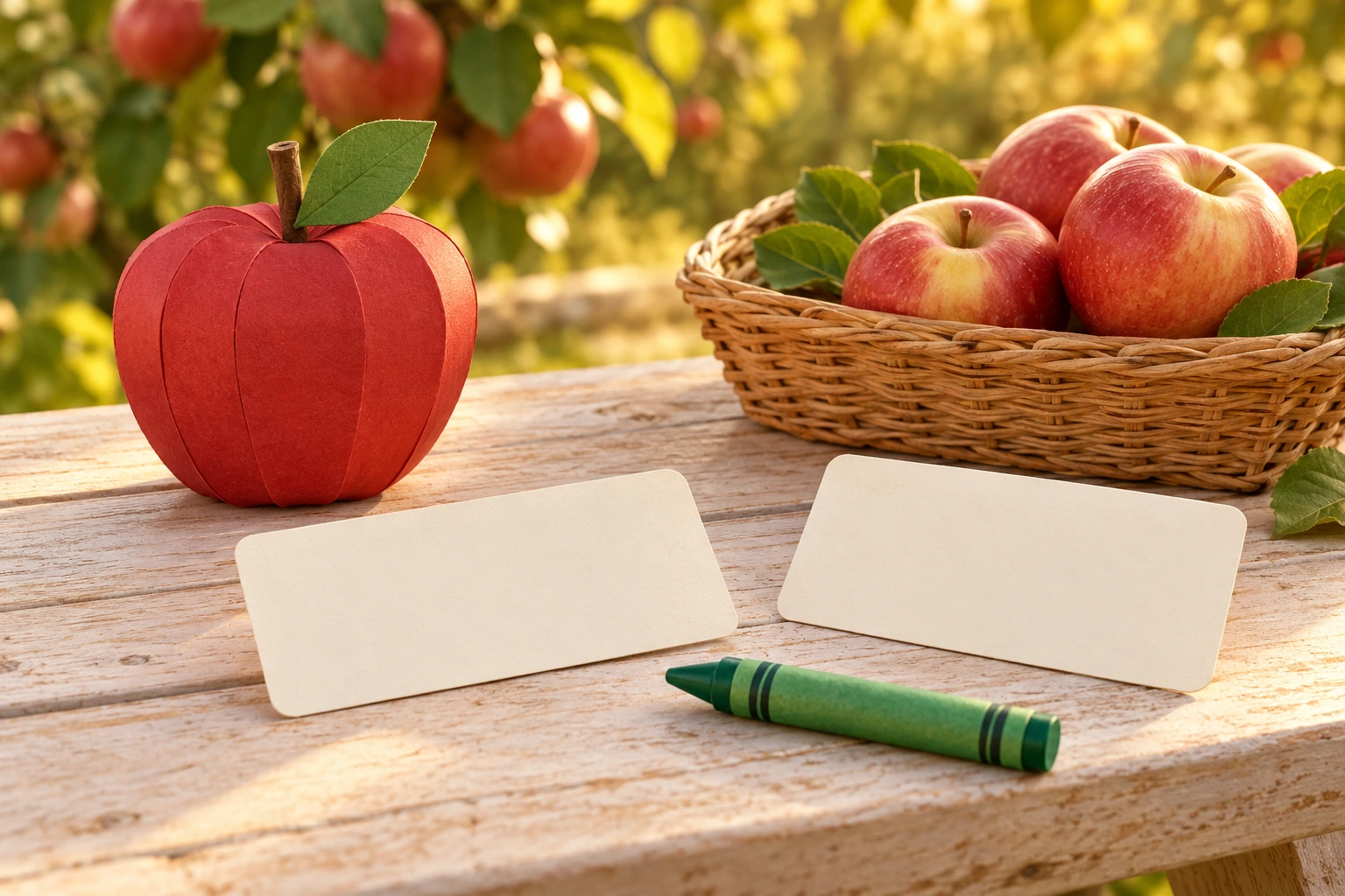 Handmade apple learning props with unprinted writing materials for a Aa story