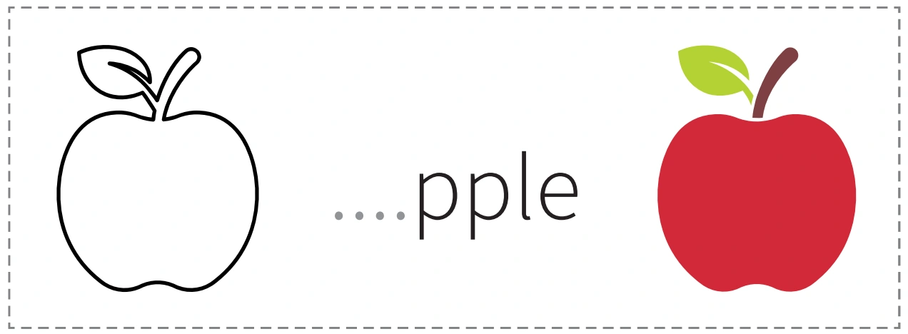 An outline apple, an unfinished apple word and its colored picture partner