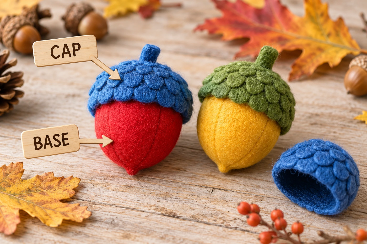 CAP and BASE labels identify the blue cap and red lower part of a felt acorn beside another yellow-and-green example.