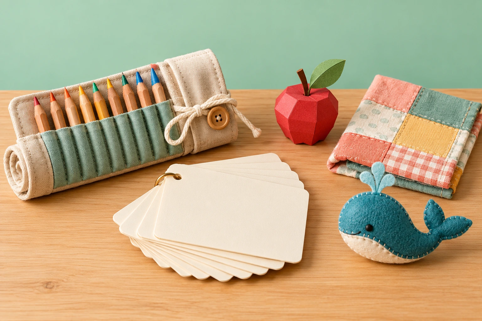 Linen pencil roll, blank index cards, paper apple, folded quilt and tiny felt whale