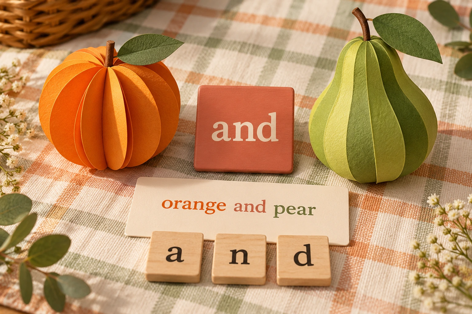 One joining word links two picnic items Paper orange and pear beside and tile and ordered a n d letters