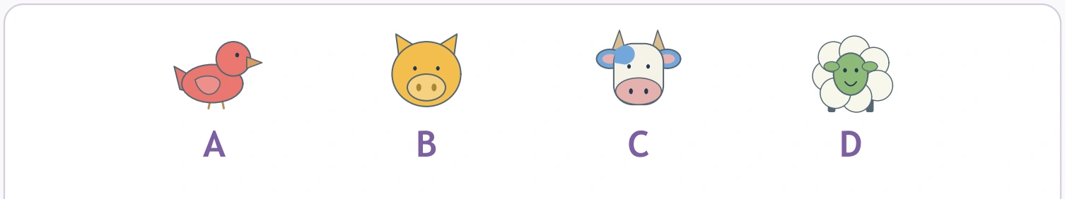 Bird A, pig B, cow C and sheep D form the printed animal-code key.