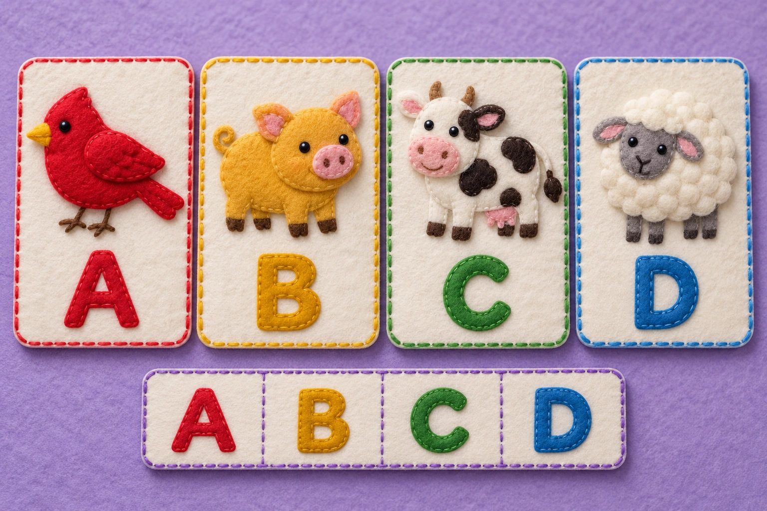 Bird A, pig B, cow C and sheep D cards provide complete, readable animal-code examples.