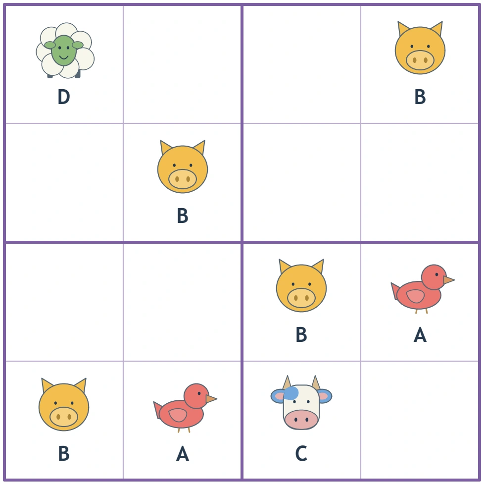 The four-by-four animal grid retains eight given codes and eight intended empty cells.