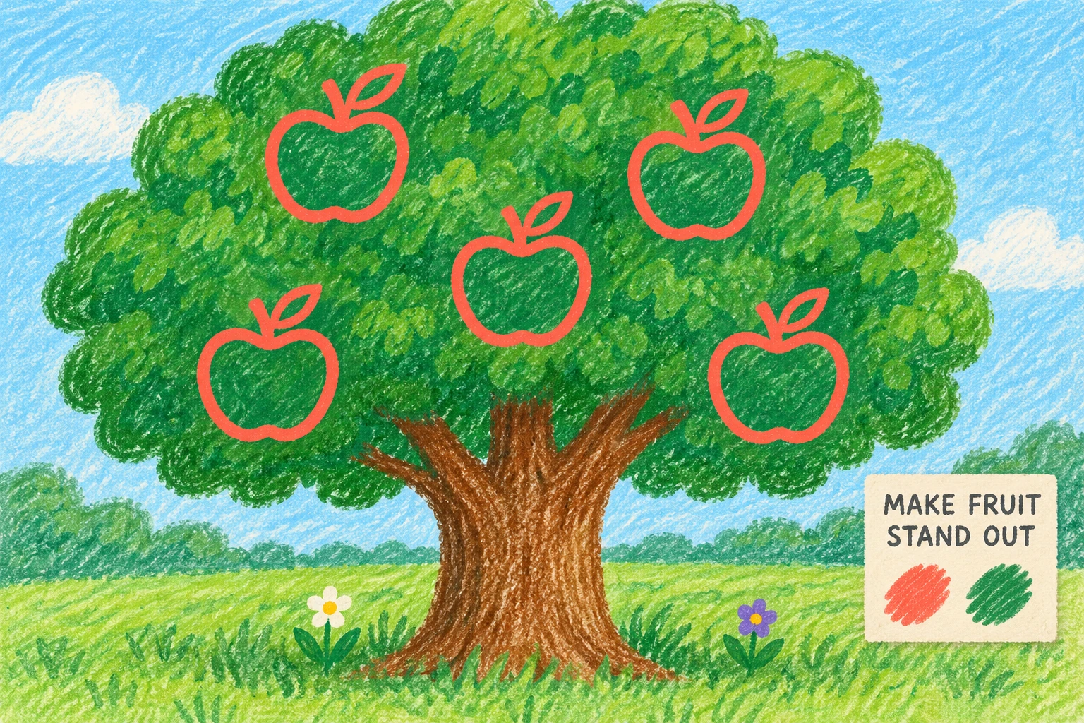 Crayon tree with five coral apples and a MAKE FRUIT STAND OUT palette card