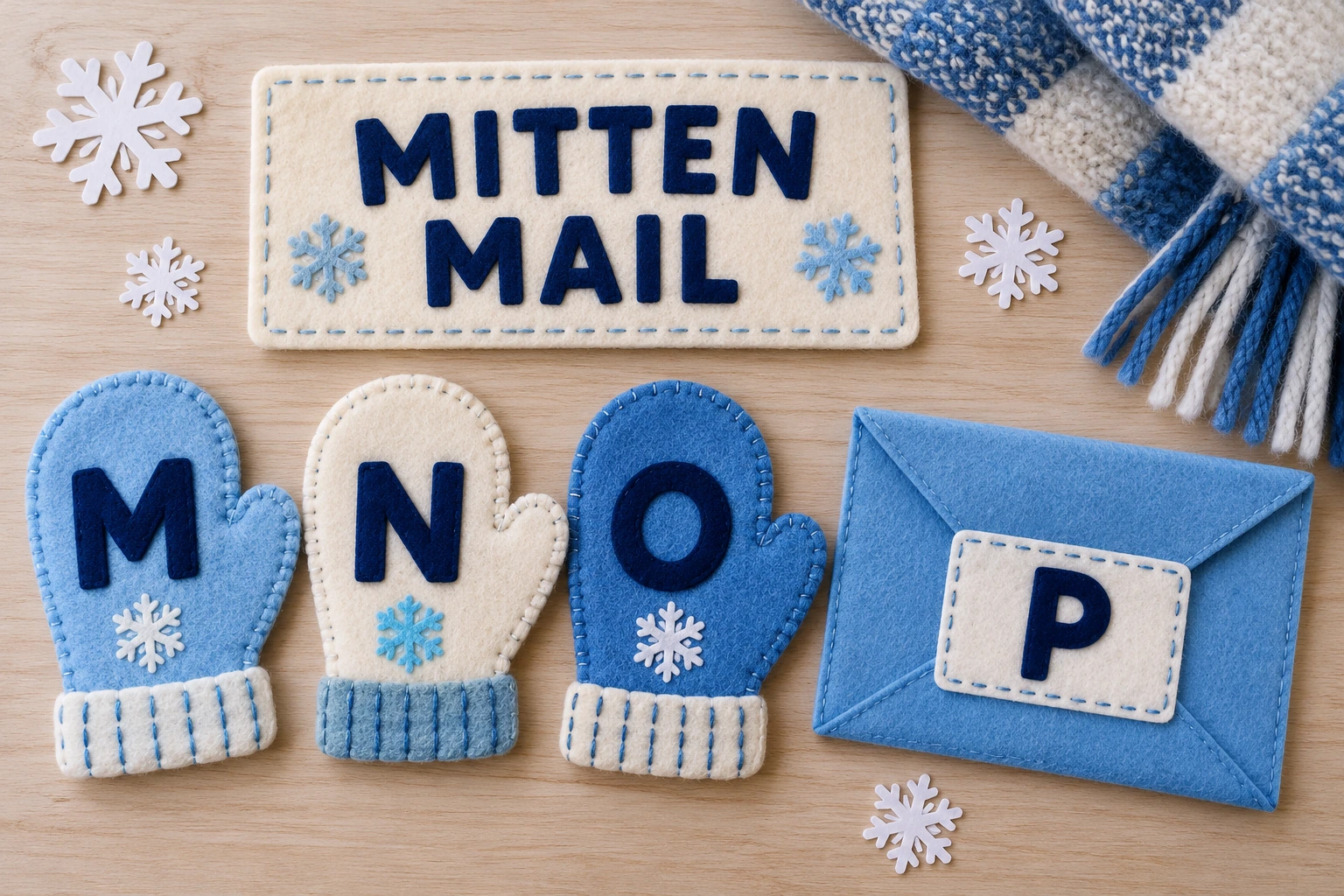 Felt mittens labeled M, N and O with a P envelope and a MITTEN MAIL sign
