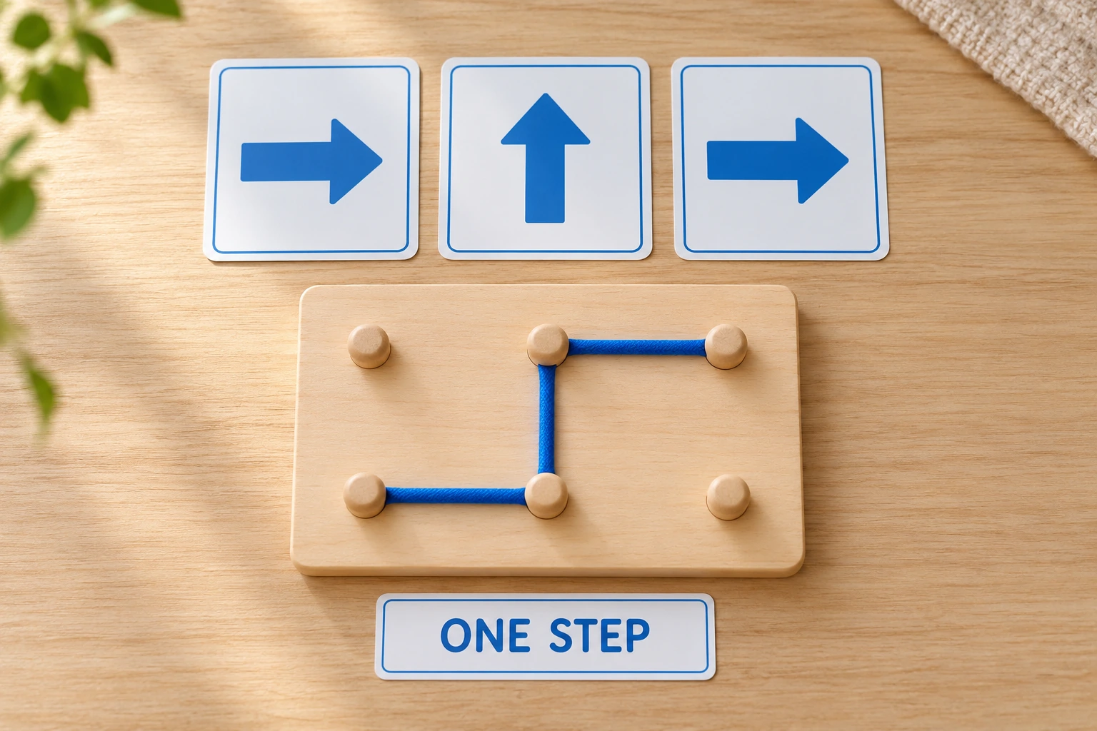 A short separate example of one interval per arrow Three direction cards right up right above a completed three-segment peg-grid route and ONE STEP label
