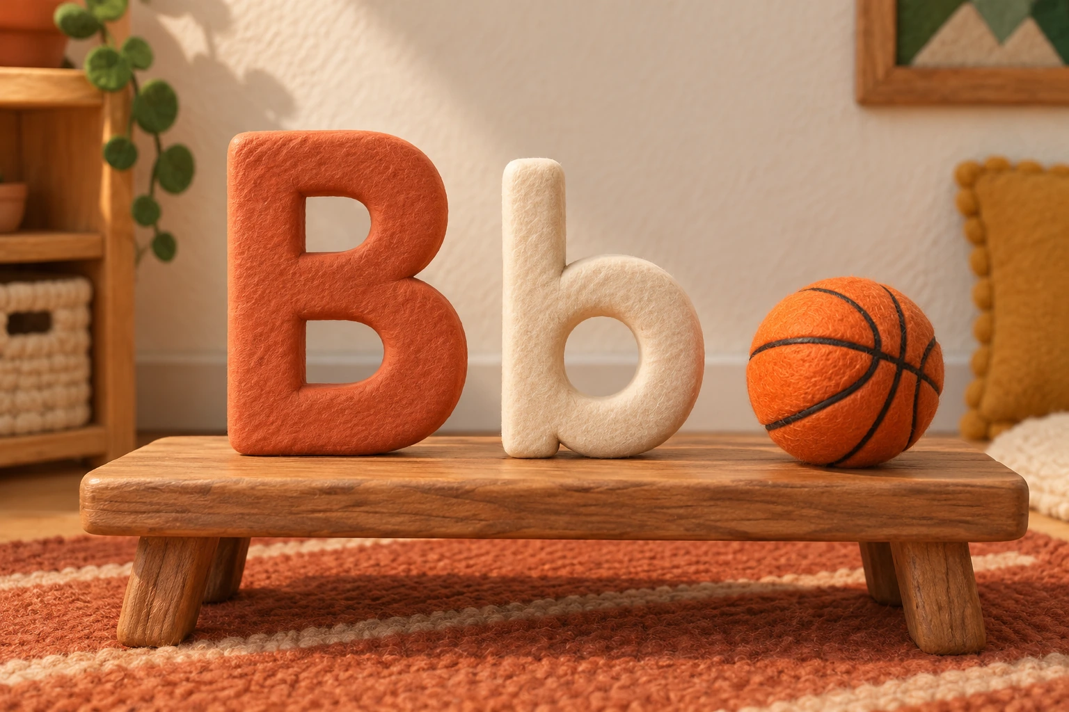 Clay uppercase B and lowercase b standing on a miniature wooden bench beside an orange basketball