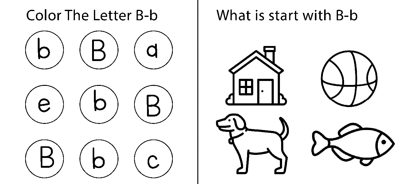 Lower worksheet panels showing nine letter circles alongside a house, basketball, dog and fish