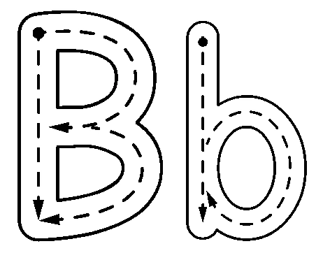 Large B and b worksheet models with dotted routes, starting dots and arrows beside their stems and bowls
