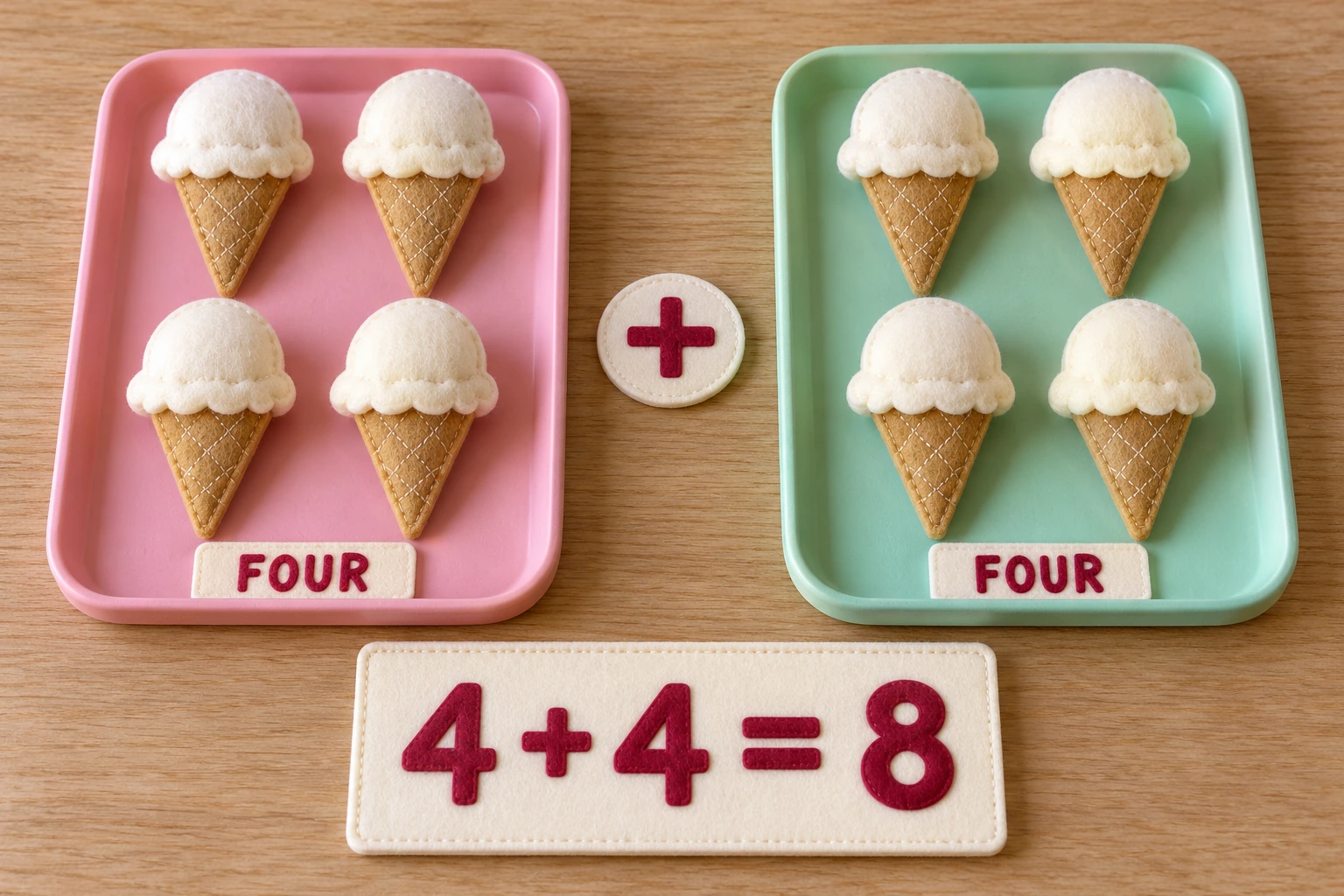 Matching trays make two batches of four easy to compare Four felt cones on a pink tray and four on a mint tray beside 4 + 4 = 8