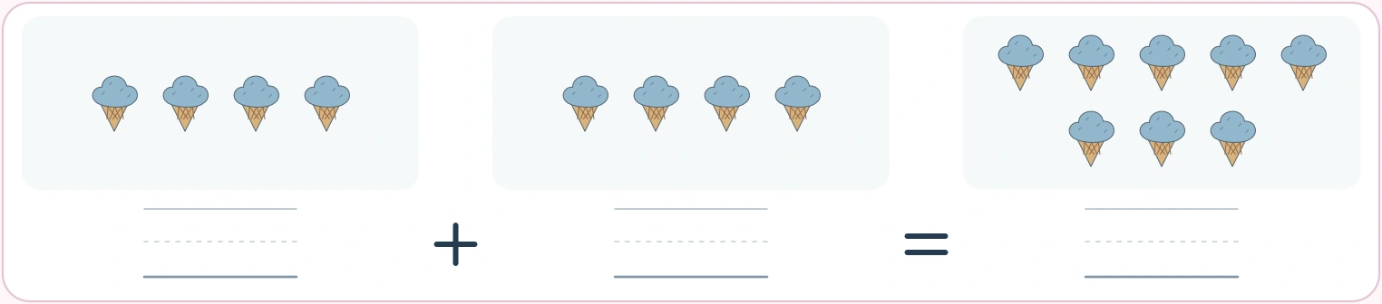 Two equal cone batches form a visible double Four ice cream cones plus four cones with eight cones on the right