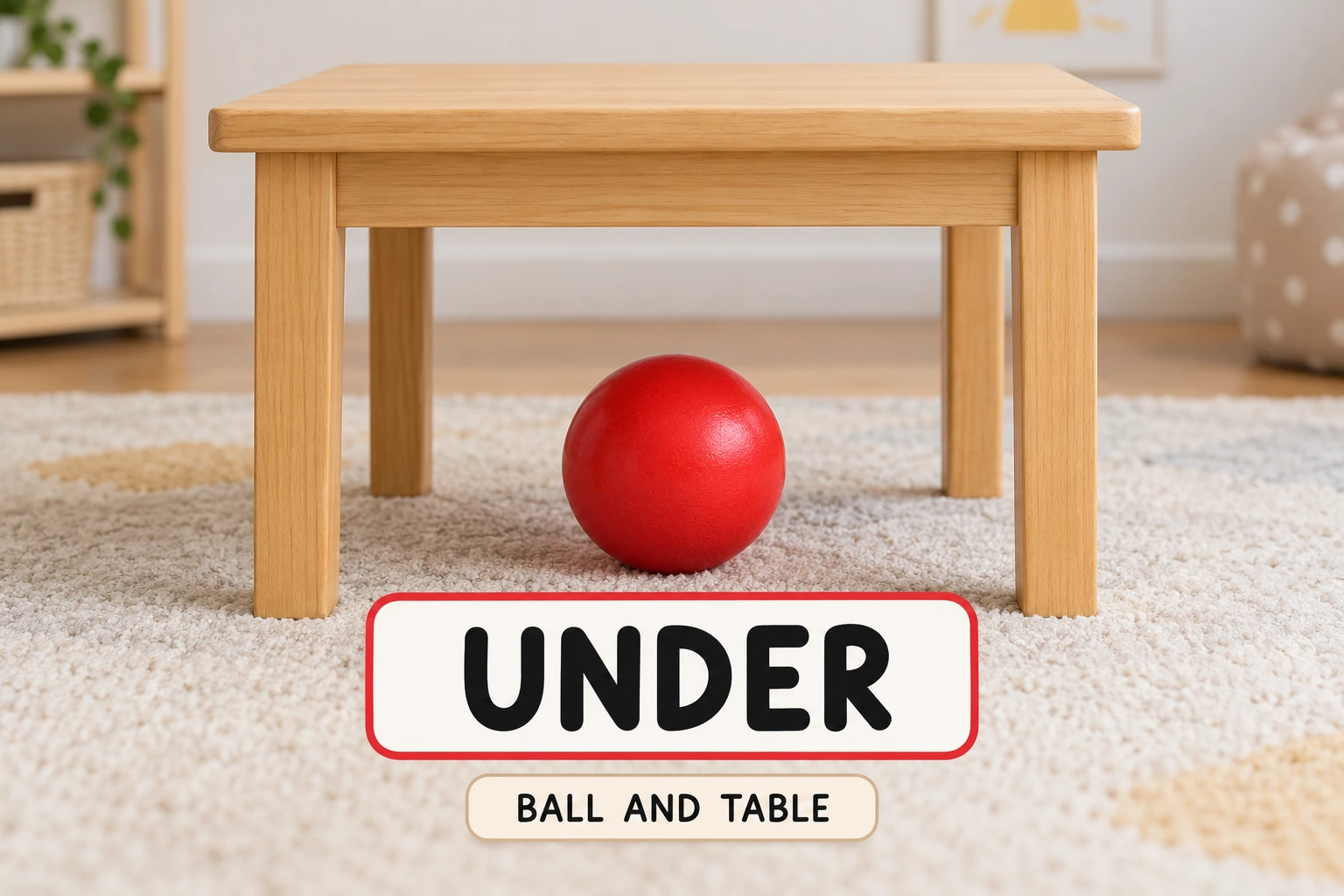 A red ball beneath a small table is labelled with the position word UNDER.
