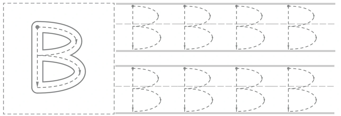 Bb uppercase panel with a large B guide and eight smaller capital tracing forms