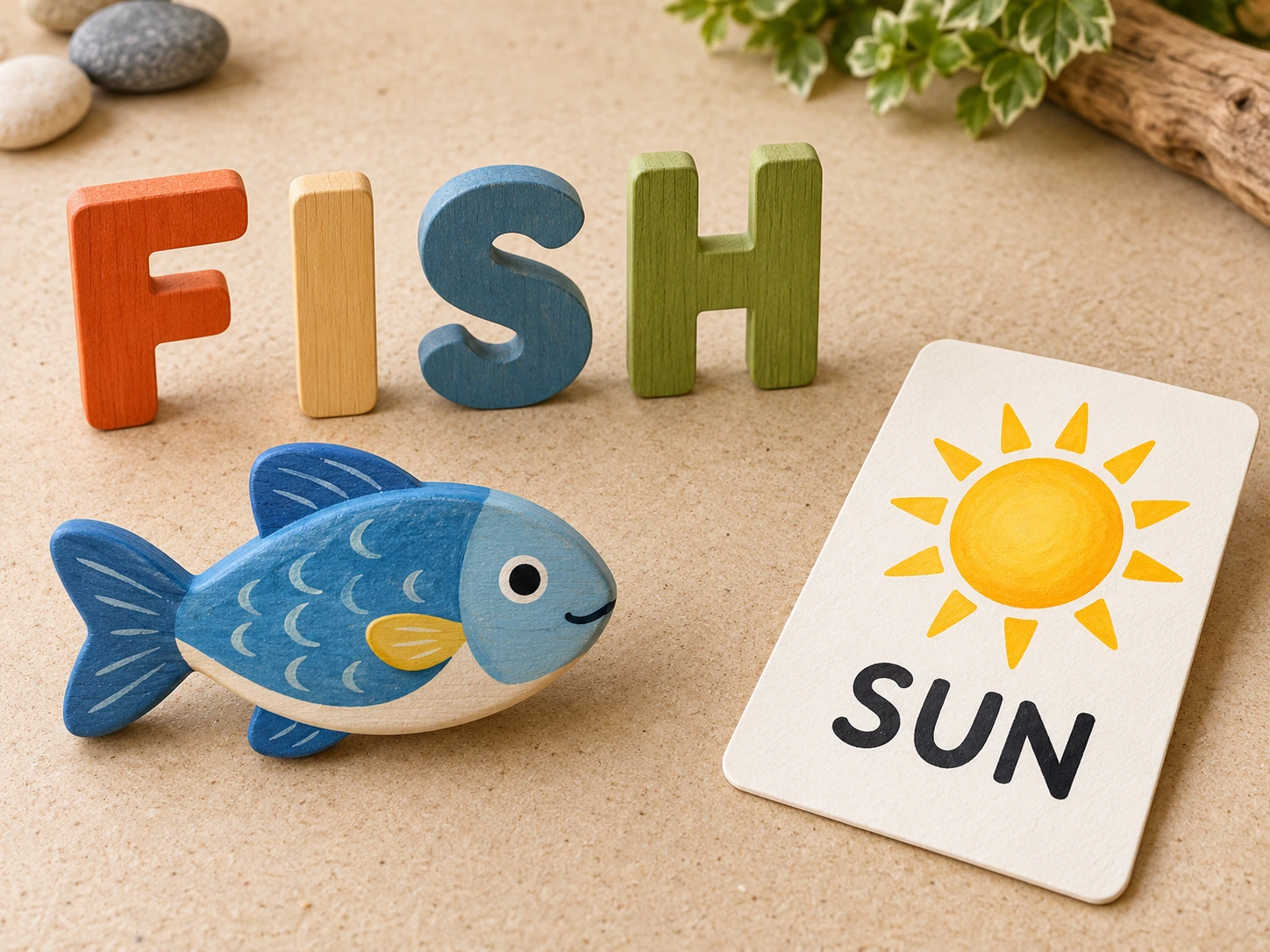 Beach Word Discovery hands-on supporting demonstration Complete FISH and SUN labels on a beach reading board