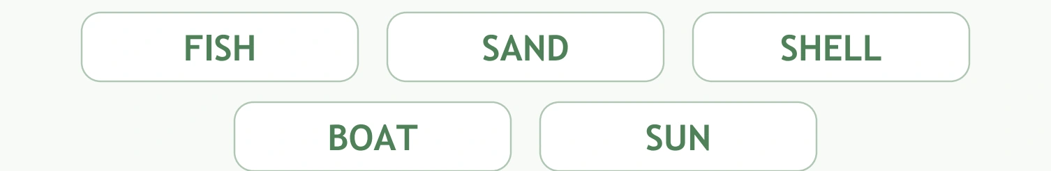 Beach Word Discovery: beach target vocabulary The bank lists FISH, SAND, SHELL, BOAT and SUN in full.