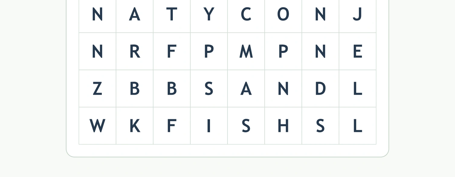 Beach Word Discovery: lower beach letter rows The bottom four search rows include the complete horizontal SAND and FISH runs.