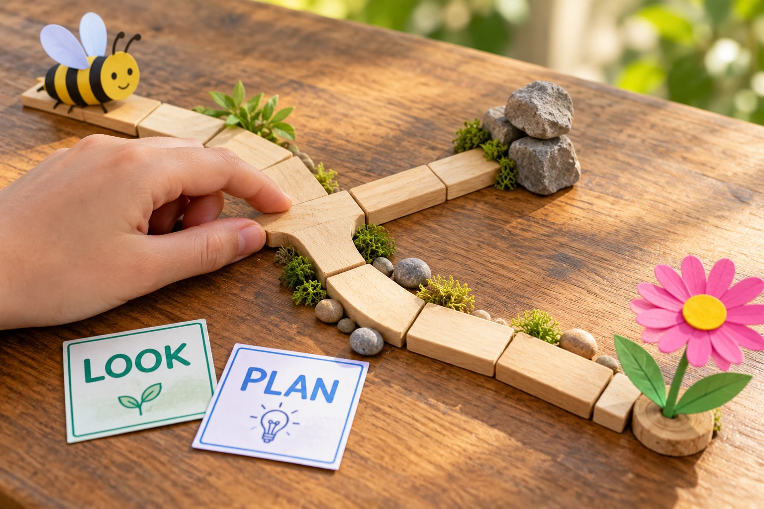 Original tactile play scene for bee garden maze LOOK and PLAN cards sit beside a bee, flower and wooden pathway fork with one blocked branch.