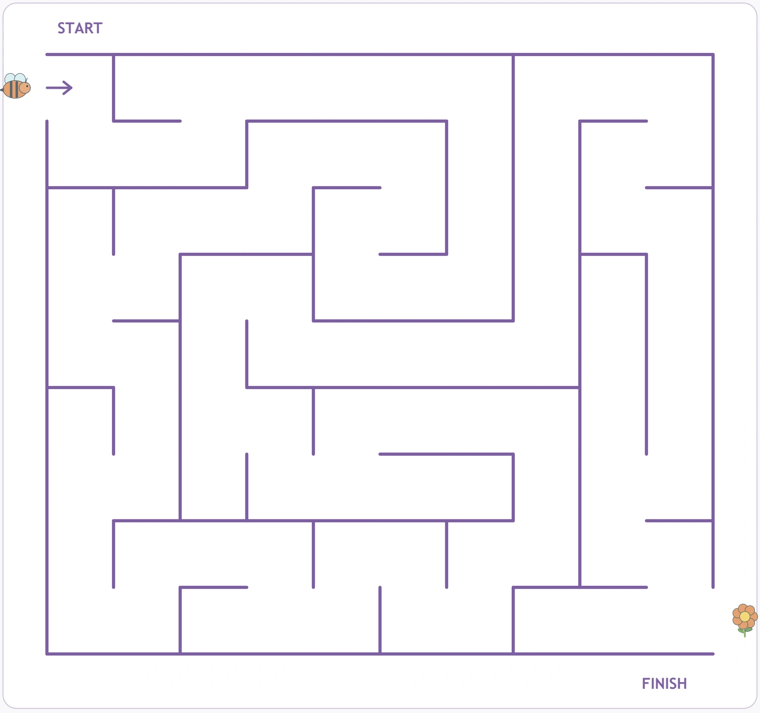 Bee Garden Maze: maze overview view The complete bee maze layout shows its START entry, internal walls and flower-side FINISH.