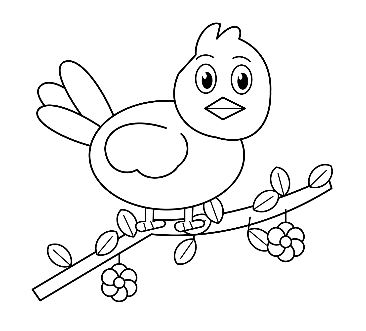 Bird outline above a sloping leafy branch and two flowers
