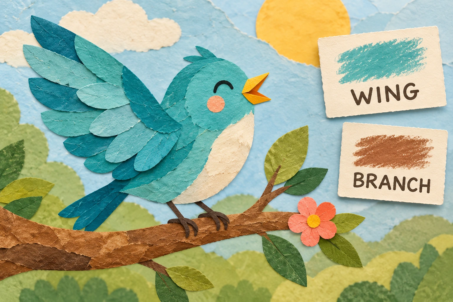 Teal paper bird beside WING and BRANCH color swatches