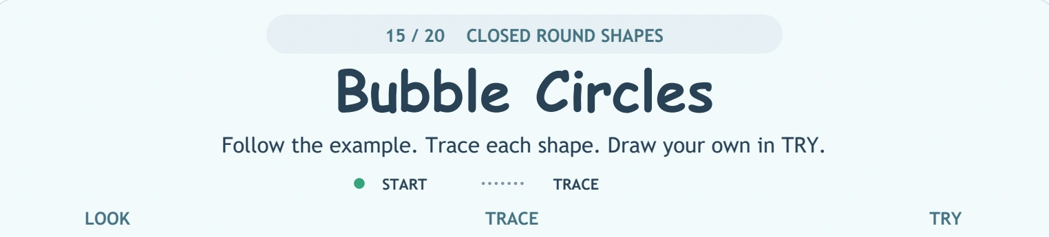 Bubble Circles directions and LOOK TRACE TRY labels