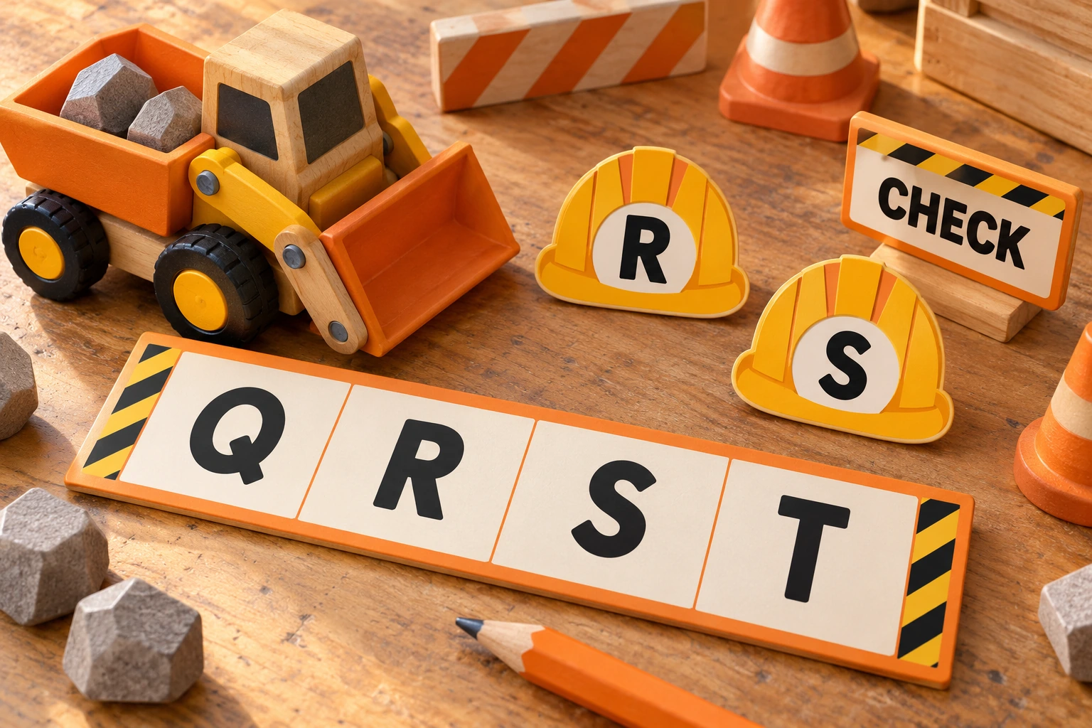 Toy construction truck beside R and S hard-hat props, a Q R S T strip and CHECK sign