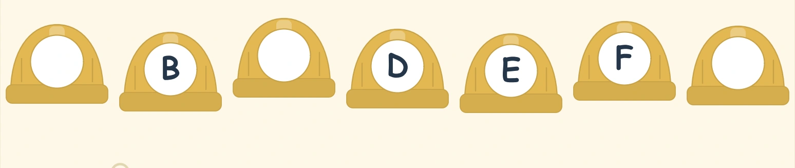 Yellow hard hats showing B, D, E and F with three empty capital spaces