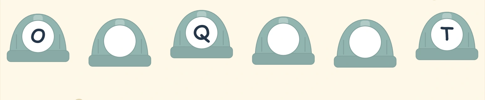 Teal hard hats with O, Q and T around missing P, R and S