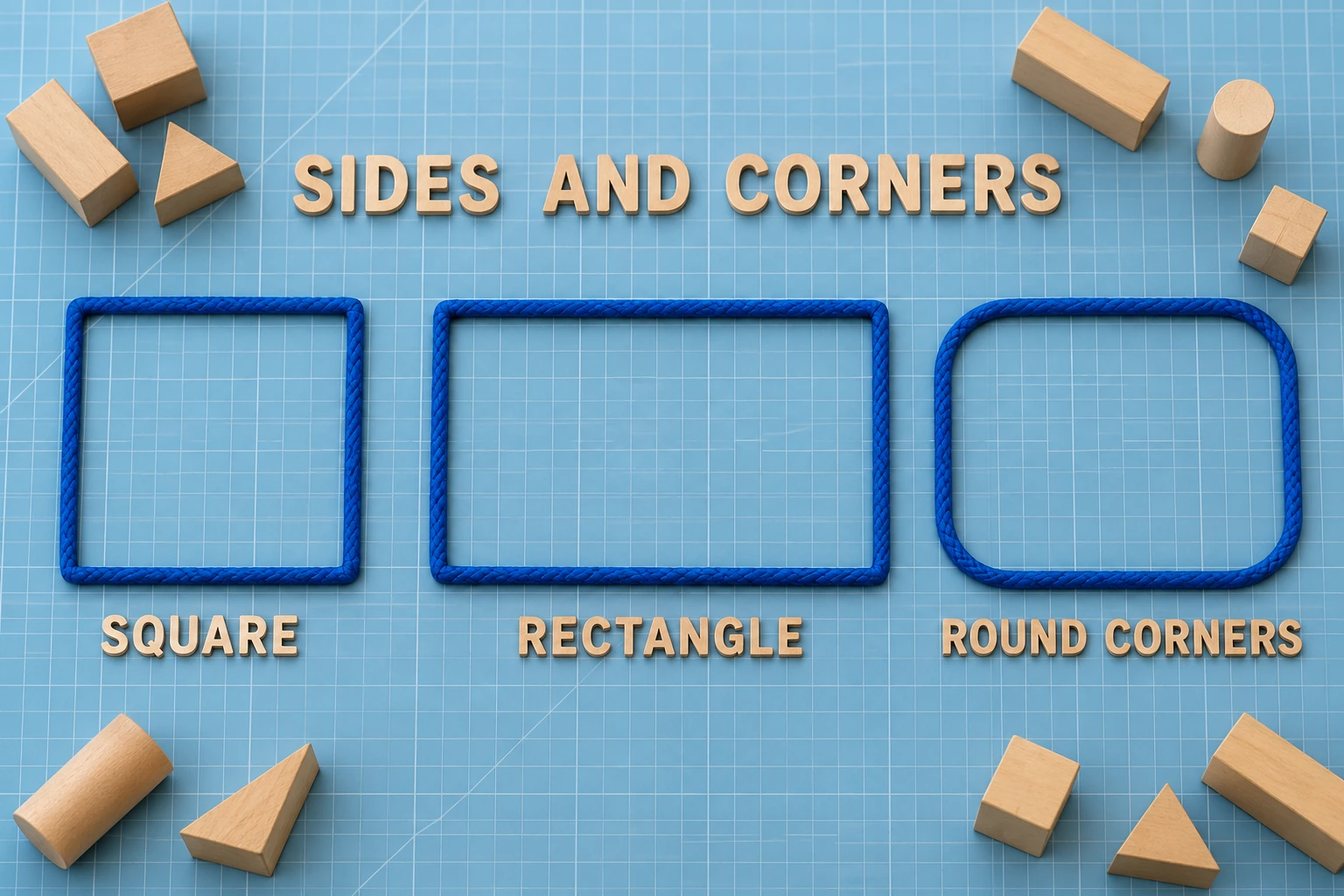 A builder display compares three boundary plans Square rectangle and rounded rectangle beneath SIDES AND CORNERS wording