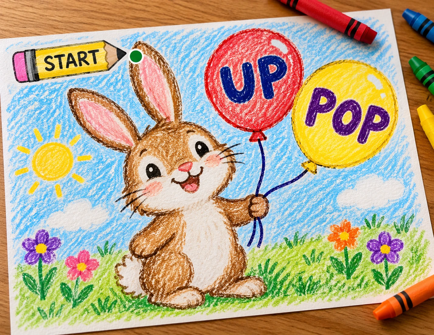 Bunny Picture Tracing additional play illustration A completed bunny and two labelled balloons demonstrate slow whole-picture drawing.