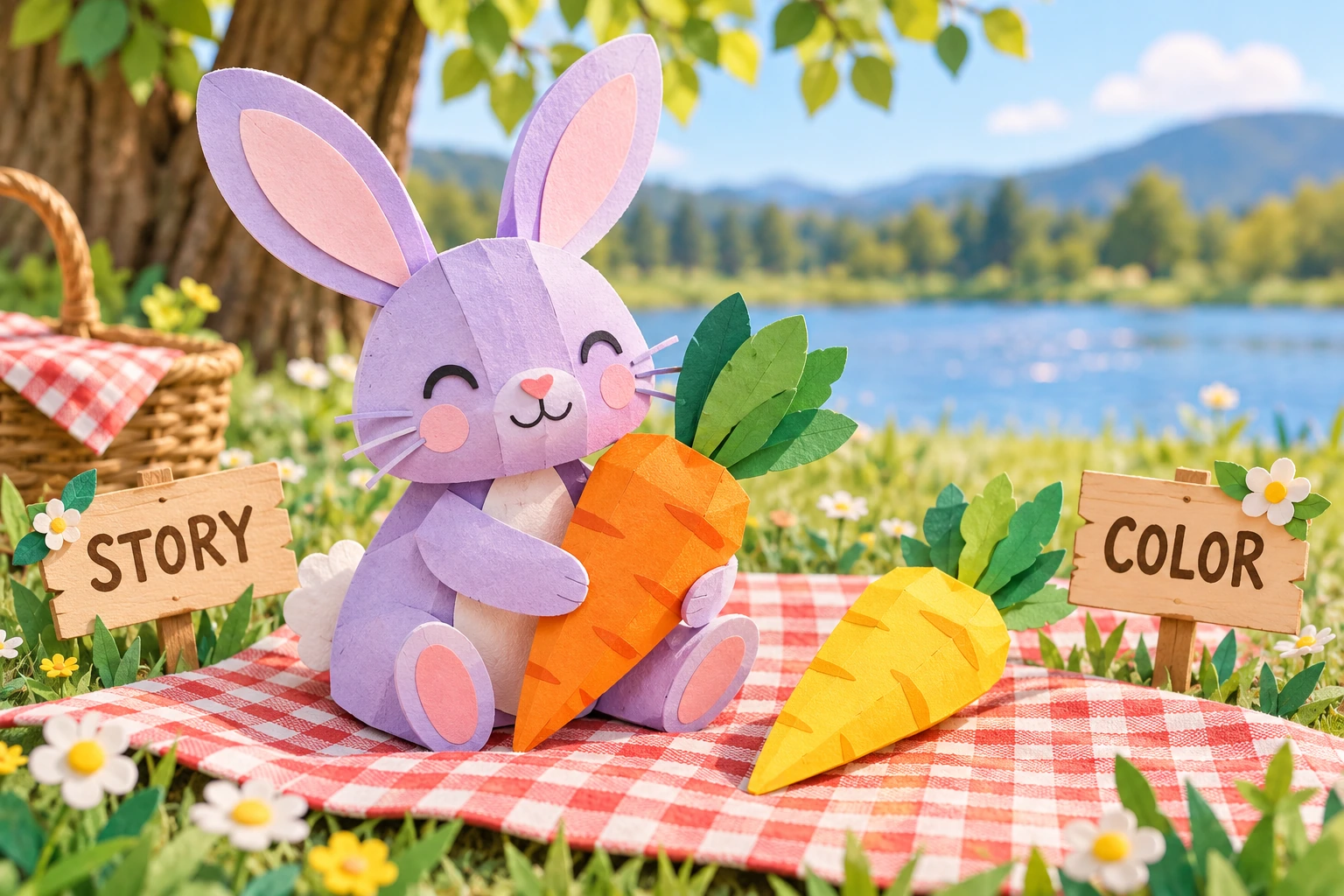 Lavender paper bunny with two carrot props beside STORY and COLOR signs