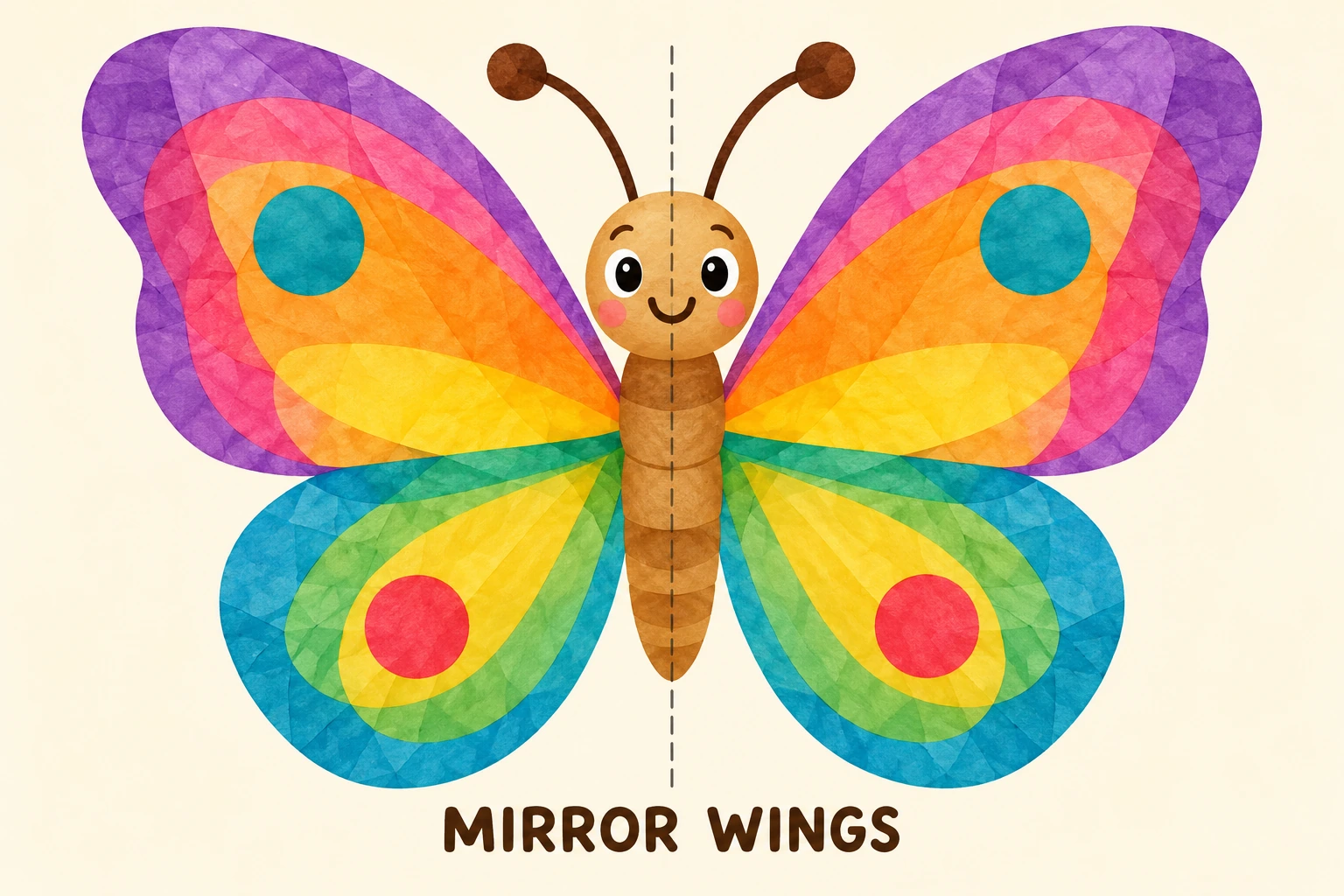 Butterfly Mirror Drawing additional play illustration A finished butterfly has matching wing outlines and spots around a marked middle line.