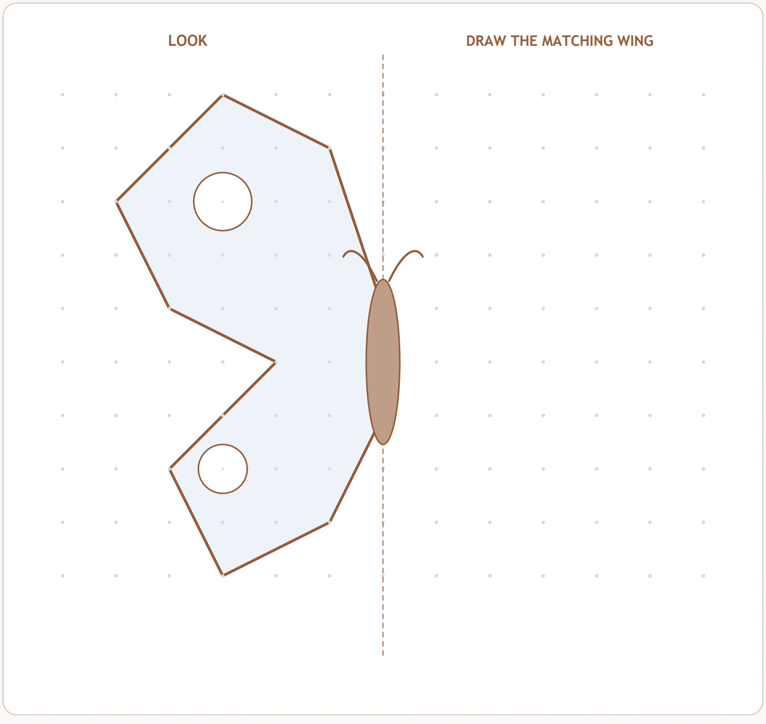 Butterfly Mirror Drawing — complete reflection task A supplied left wing faces an unfinished right half across the centre line.
