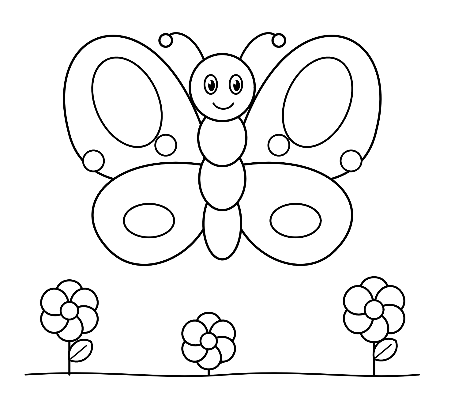 Four-lobed butterfly hovering over a small flower garden