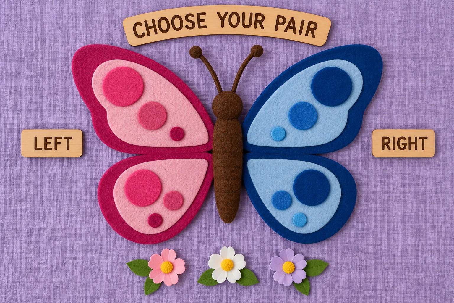 Felt butterfly with pink left wings and blue right wings beside LEFT and RIGHT labels
