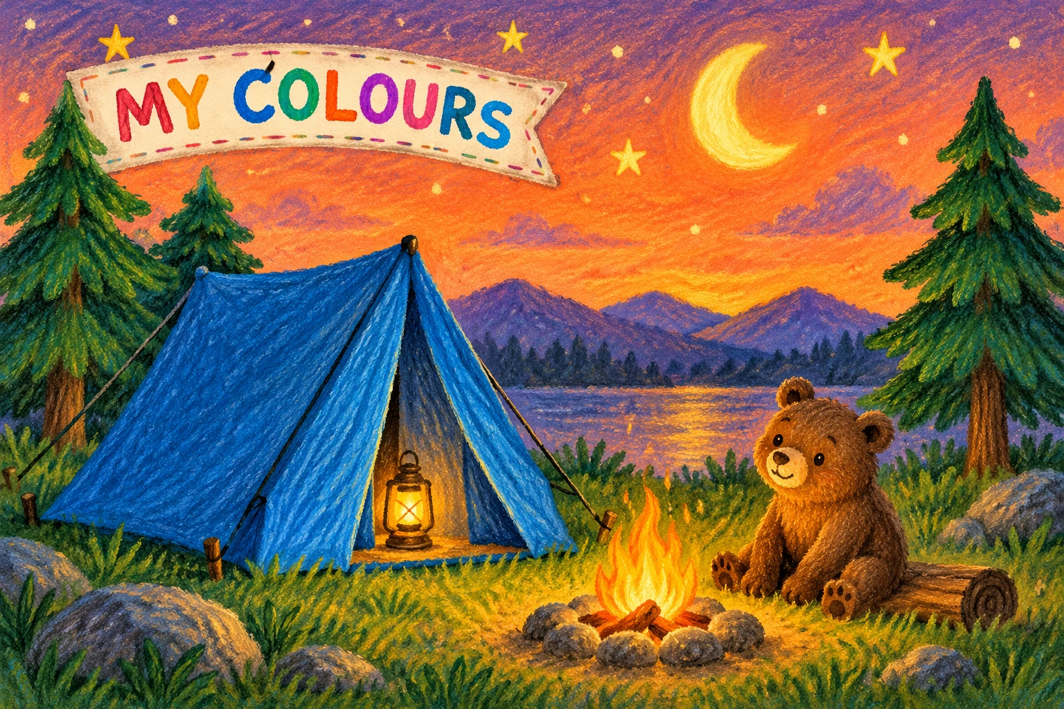 A finished blue tent and orange night sky show an imaginative campsite colour choice.